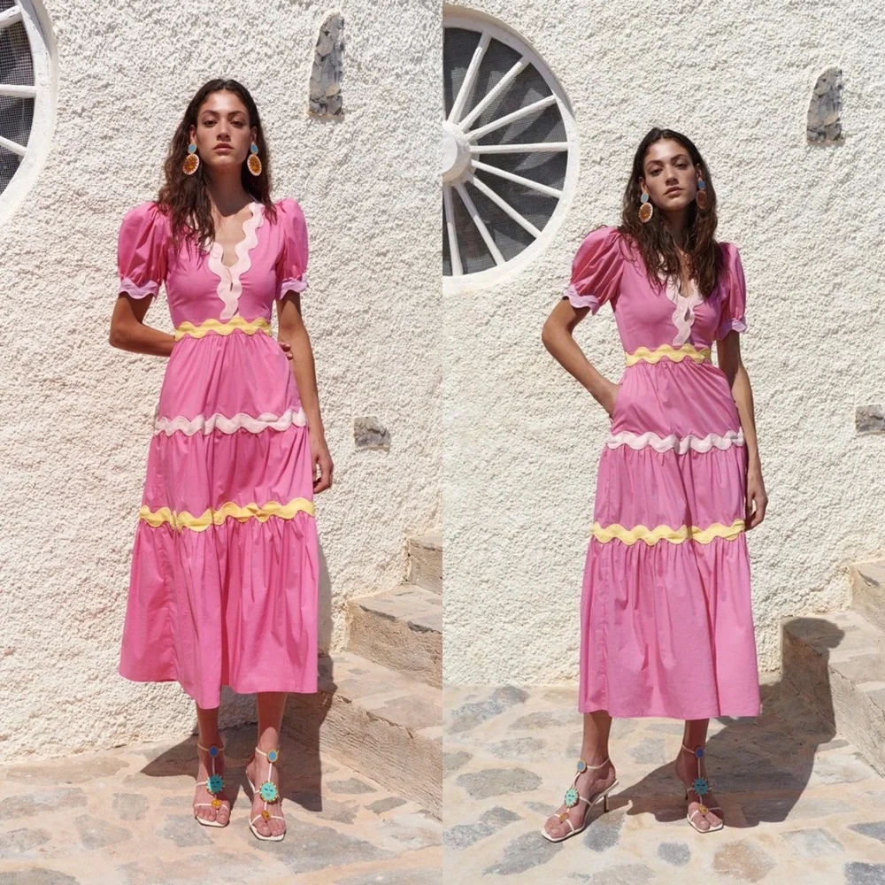 SOLD NWOT CeliaB Piscis Pink RicRac Tiered Dress Sz L - Picture 1 of 14